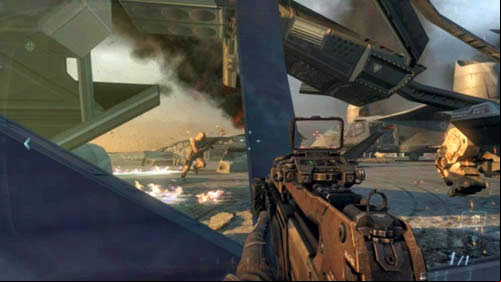 Hide by the plane door, on which the enemies were standing, and wait until new ones are running through it - Mission 09: ODYSSEUS | Missions: Walkthrough - Missions: Walkthrough - Call of Duty: Black Ops II Game Guide & Walkthrough