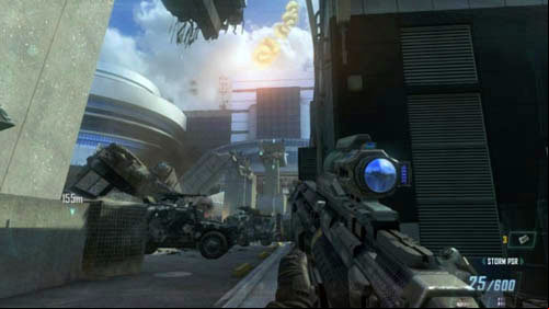Notice the fence next to the building number 26, behind which there are a lot of building materials - Mission 11: JUDGMENT DAY | Missions: Walkthrough - Missions: Walkthrough - Call of Duty: Black Ops II Game Guide & Walkthrough
