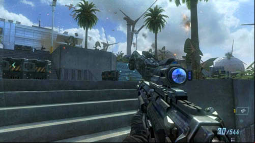 If you chose the way on the right, namely the next, long stairs, then when you get close to them, two jeeps with heavy machineguns will appear closer to the right and further in front of you (picture above) - Mission 11: JUDGMENT DAY | Missions: Walkthrough - Missions: Walkthrough - Call of Duty: Black Ops II Game Guide & Walkthrough