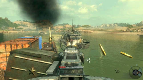 After sinking all four boats quickly get away from the heavy machinegun and use the left ladder to go to the upper part of the barge - Mission 01: PYRRHIC VICTORY | Missions: Challenges - Missions: Challenges - Call of Duty: Black Ops II Game Guide & Walkthrough