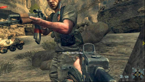 This is a perfect hiding place - as soon as any enemy runs out from the left side of the rock, immediately kill him with the sword (picture above) - Mission 03: OLD WOUNDS | Missions: Challenges - Missions: Challenges - Call of Duty: Black Ops II Game Guide & Walkthrough