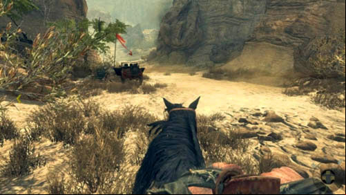 Do not go in the direction of the gray dot with a word Destroy, but sticking to the right side, go to the same , where you destroyed the helicopter with a mortar shell at the beginning (look out for the jeep wreck on the left, next to which theres a red flag) (picture above) - Mission 03: OLD WOUNDS | Missions: Challenges - Missions: Challenges - Call of Duty: Black Ops II Game Guide & Walkthrough