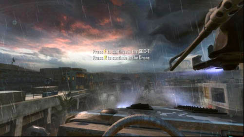 During the escape, at some point you will be able to choose - either you will operate the drone, or remain in the jeep (picture above) - Mission 05: FALLEN ANGEL | Missions: Challenges - Missions: Challenges - Call of Duty: Black Ops II Game Guide & Walkthrough