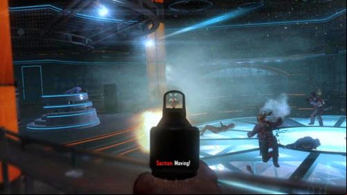 Immediately aim at the opponents head whos crouching on the left, because hes the one whos going to shoot at you first (the one crouching on the right looks to the right, so leave him) - Mission 06: KARMA | Missions: Challenges - Missions: Challenges - Call of Duty: Black Ops II Game Guide & Walkthrough