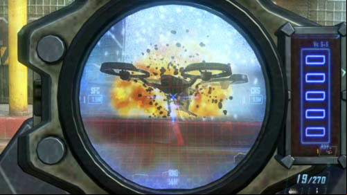 There are a total of two places with quad-drones and in both cases your allies will disturb you, as they, and not you, can destroy both the full-working enemy quad-drones as well as those already turned off - Mission 11: JUDGMENT DAY | Missions: Challenges - Missions: Challenges - Call of Duty: Black Ops II Game Guide & Walkthrough