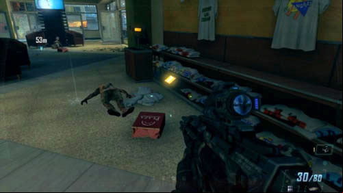 When you go up the stairs in the mall (first picture above), look for a stand with T-shirts with the words WES-S FAVORITE T-SHIRT on the right - Mission 10: CORDIS DIE | Intel - Intel - Call of Duty: Black Ops II Game Guide & Walkthrough