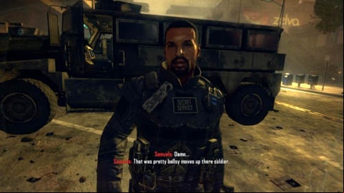 When you get up after the parachute jump and landing, if Harper is alive, hell come to you driving the ambulance, get out and congratulate you using a strong language (first picture above) - Mission 10 - CORDIS DIE | Decisions, consequences, endings - Decisions, consequences, endings - Call of Duty: Black Ops II Game Guide & Walkthrough