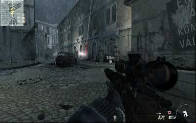 Walk through the square, jump over the metal bars and without lean out crouch in place where you will be able to see four enemies on the street - Resistance Movement - SpecOps missions - Call of Duty: Modern Warfare 3 - Game Guide and Walkthrough