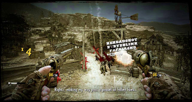 While in mid-air, press the left mouse button and your gunslinger will automatically aim at and kill enemies - Episode 1 - Once Upon a Time in Stinking Springs - Walkthrough - Call of Juarez: Gunslinger - Game Guide and Walkthrough