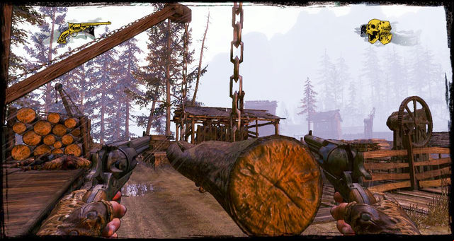 The log hanged on chains. Sprint to avoid getting hit - Episode 4 - Gunfight at the Sawmill - Walkthrough - Call of Juarez: Gunslinger - Game Guide and Walkthrough