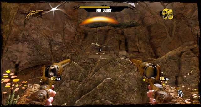 The boss won't be able to hit you from the spot pictured above, but you will be able to pester him - Episode 11 - 1:30 to Hell - Walkthrough - Call of Juarez: Gunslinger - Game Guide and Walkthrough