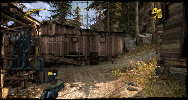 Crossroads, the secret is on the left (by the black machine) - Episode 2 - Nuggets of Truth (Secrets) - Call of Juarez: Gunslinger - Game Guide and Walkthrough