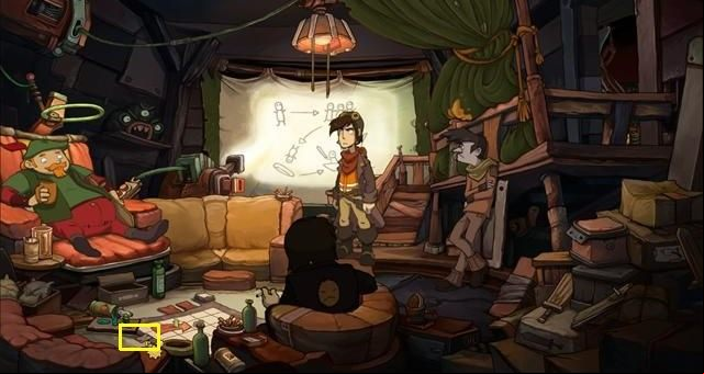 The eighth fragment is found on the floor next to the game board in the rebel hideout (the first hideout, found at Floating Black Market) - Puzzles - secrets and collectibles in Chaos on Deponia - Game Guide - Chaos on Deponia Guide