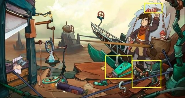 Click on the bellows and then on the pans handle - Get the hammer from Grandma Utz home | Reach Goal - Reach Goal - Chaos on Deponia Guide