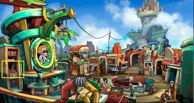 Travel to the market, approach the apothecary and dig out overdue pills from the trash - Water platypus | Chaos on Deponia Walkthrough - Have words with Goal - Chaos on Deponia Guide