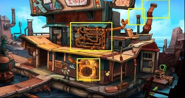 Enter the tavern and light the candle (taken from Crane the Poets apartment - the way of acquiring it is described in the chapter on air platypus) using the candle in the tavern (in the bottom of the scene) - Fire platypus | Chaos on Deponia Walkthrough - Have words with Goal - Chaos on Deponia Guide