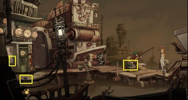 Travel to Floating Black Market and attempt to enter the gadget shop - it turns out to be closed - Win the torpedo equipment - Chaos on Deponia Walkthrough - Chasing Goal - Chaos on Deponia Guide