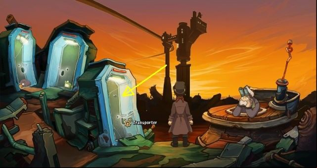 First, use the transporter which has a fly sitting on top of it (third from the left) - Access the right transporter - Chaos on Deponia Walkthrough - Chasing Goal - Chaos on Deponia Guide