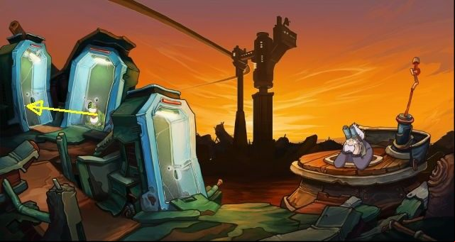 As Rufus mixed with a frog click on the fly found in the first transporter from the left side - Access the right transporter - Chaos on Deponia Walkthrough - Chasing Goal - Chaos on Deponia Guide