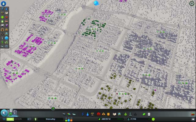 This view will color all buildings in the city that import or export commodities outside city borders - Cities Skylines: Commodities view - Mayor - Cities: Skylines Game Guide