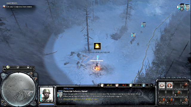 The blue thermometer signals that the squad is freezing and it needs warming up at fire - Mission 04 - The Miraculous Winter - The Campaign Mode - Company of Heroes 2 - Game Guide and Walkthrough