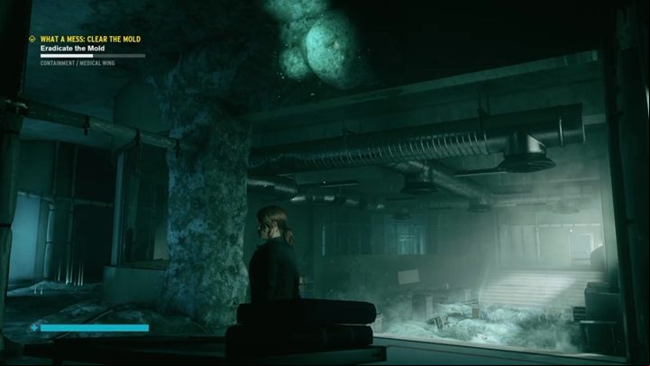 The fourth mold is on the ceiling, in the corner of the room with the first clot - Control: What a Mess Clear the Mold - walkthrough - Side Quests - Control Guide