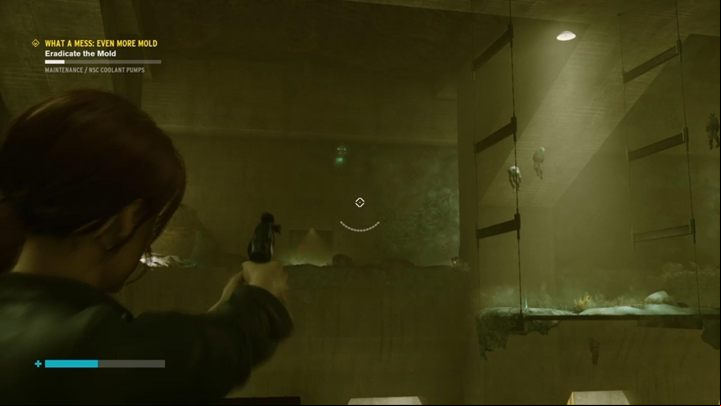 Another targeted mold is on the wall not far from a hanging scaffolding - Control: What a Mess Even More Mold - walkthrough - Side Quests - Control Guide