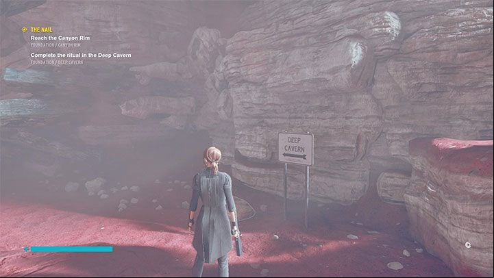 In the Research Site Gamma, locate the northern age shown in the image above - the plaque correctly suggests that this path leads to the Deep Cavern, which is your current destination - Control: The Nail, Canyon Rim and Research Site Gamma - walkthrough - Walkthrough - Control Guide