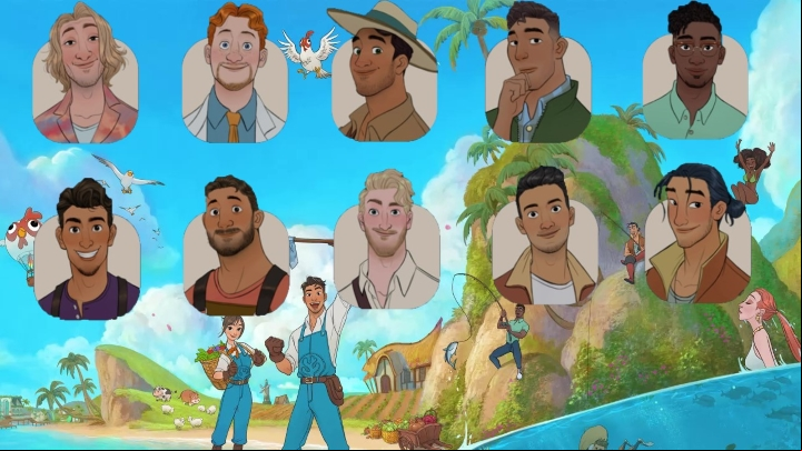 List of bachelors you can romance with in Coral Island (listed at the top from left) - Coral Island: Romances - brides and bachelors, list - Basics - Coral Island Guide