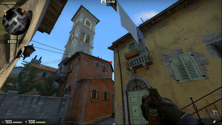 Turn your back against the wall and aim at the marked spot, located at the top of the roof - Inferno | Tournament Maps in CS GO - Tournament Maps in Counter Strike: Global Offensive - CS GO Game Guide