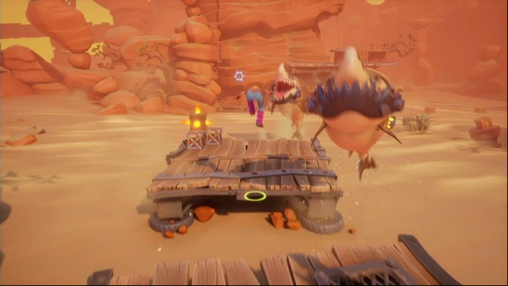 At the beginning, you'll see trained sharks, which synchronously jump out of the water - Crash 4: Truck Stopped walkthrough - The Hazardous Wasted, 2084 - Crash 4 Guide, Walkthrough