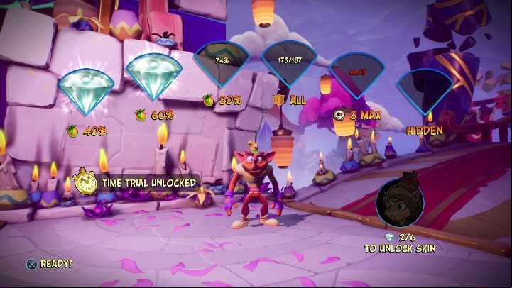 You can get 6 gems on Off-Balance - Crash 4: Off-Balance walkthrough - Tranquility Falls, 1402 - Crash 4 Guide, Walkthrough