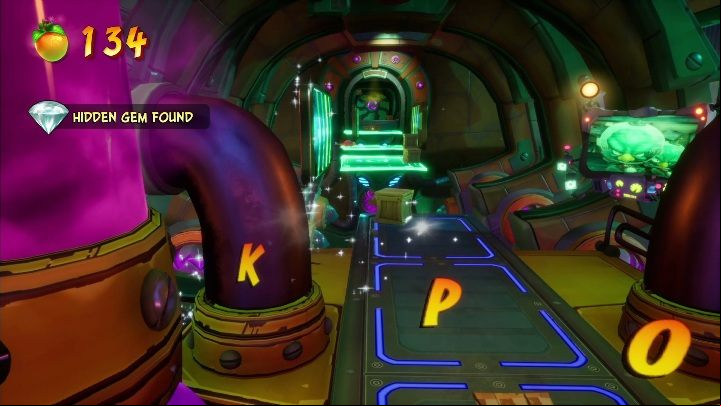 The hidden gem can be found behind a large pipe on the left side of the screen, right in front of the jumping platforms - Crash 4: Out for Launch walkthrough - Bermugulas Orbit, ??? - Crash 4 Guide, Walkthrough