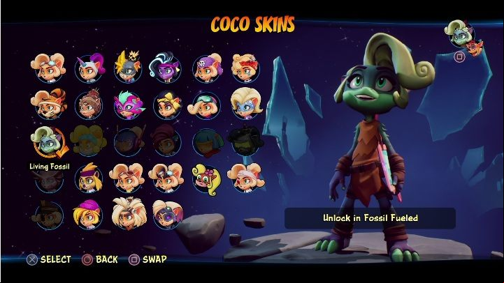 How to unlock: get 8 diamonds in Fossil Fueled - Crash 4: Coco skins - list, how to unlock? - Heroes skins - Crash 4 Guide, Walkthrough