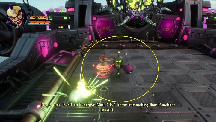 After the rocket barrage, you'll run into a small opponent who'll be spinning around in circles - Crash 4: Neo Cortex boss fight - how to beat? - Bosses - Crash 4 Guide, Walkthrough