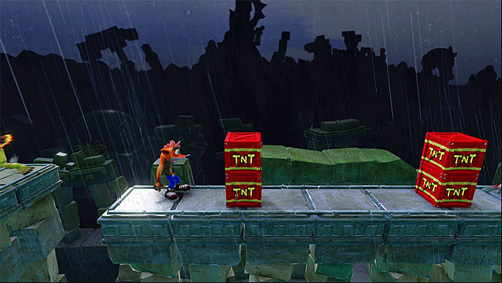 Wait for the first statue to stop spewing fire and continue through the platform - Ruination | Crash Bandicoot 2 | Levels - Crash Bandicoot 2 - Alpine Warp Room - Crash Bandicoot N. Sane Trilogy Game Guide