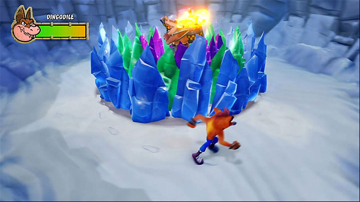 During the battle, Dingodile will use a flamethrower and he starts with bombarding the area - Pentas Revenge | Crash Bandicoot 3 Trophy Guide - Crash Bandicoot 3: Warped - Crash Bandicoot N. Sane Trilogy Game Guide