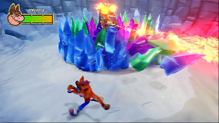 After the bombardment stops, Dingodile will start using his weapon for smashing the crystals around him - Pentas Revenge | Crash Bandicoot 3 Trophy Guide - Crash Bandicoot 3: Warped - Crash Bandicoot N. Sane Trilogy Game Guide