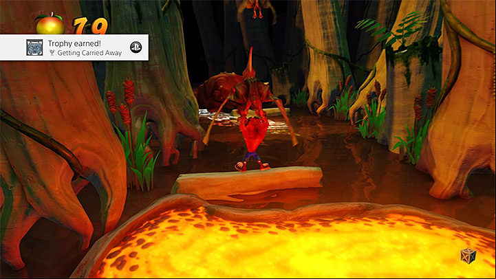 Here, follow the yellow road and soon you will reach the area shown in screenshot 1, where you run from the triceratops - Getting Carried Away | Crash Bandicoot 3 Trophy Guide - Crash Bandicoot 3: Warped - Crash Bandicoot N. Sane Trilogy Game Guide