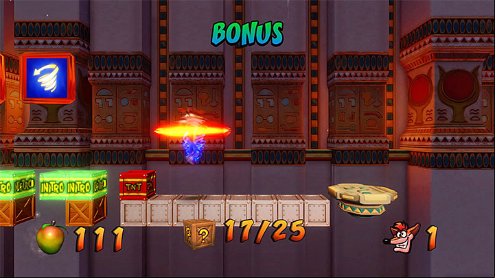 In the spot where the opponent used to be, there is a plate with the question mark that allows you to start the bonus round ( that dying here will not prevent you from unlocking the Death Route) - Tomb Wader | Crash Bandicoot 3 | Levels - Crash Bandicoot 3 - Egyptian location - Crash Bandicoot N. Sane Trilogy Game Guide
