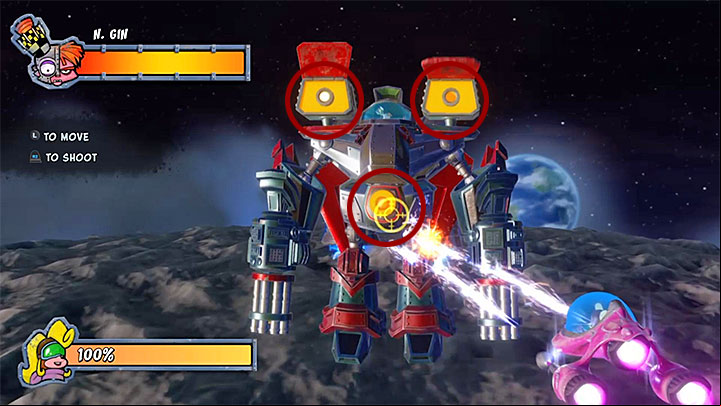 To survive the first phase of the battle, you have to destroy five different elements of the mech - Dr. Nitrus Gin | Crash Bandicoot 3 | Boss fights - Crash Bandicoot 3: Warped - Crash Bandicoot N. Sane Trilogy Game Guide