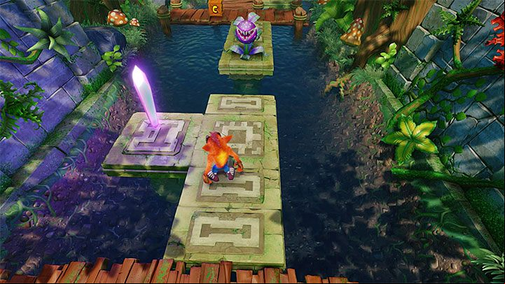 After you go out into the mainland, reach the violet crystal (the above screenshot) and the checkpoint - Plant Food | Crash Bandicoot 2 | Levels - Crash Bandicoot 2 - Sewer Warp Room - Crash Bandicoot N. Sane Trilogy Game Guide