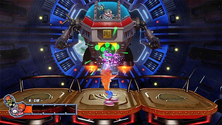 In the last part of the fight, Nitrus Gin will be using the central gun - Mech Wrecked | Crash Bandicoot 2 Trophy Guide - Crash Bandicoot 2: Cortex Strikes Back - Crash Bandicoot N. Sane Trilogy Game Guide