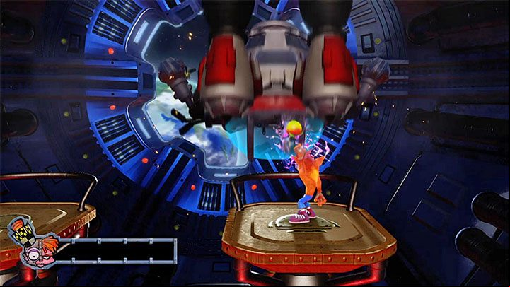 On the new ledge, start throwing apples at the green gun - Mech Wrecked | Crash Bandicoot 2 Trophy Guide - Crash Bandicoot 2: Cortex Strikes Back - Crash Bandicoot N. Sane Trilogy Game Guide