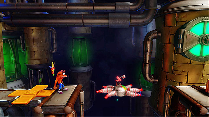 If up to this point you didnt die then in the place that you ed by, picture 1, you can find a platform that will transport Crash on the Death Route - Piston It Away | Crash Bandicoot 2 | Levels - Crash Bandicoot 2 - High-Tech Warp Room - Crash Bandicoot N. Sane Trilogy Game Guide