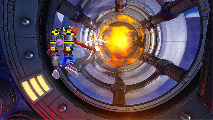Avoid red obstacles and reach the place in which you can encounter a scientist with a jet pack, presented in the picture - Rock It | Crash Bandicoot 2 | Levels - Crash Bandicoot 2 - High-Tech Warp Room - Crash Bandicoot N. Sane Trilogy Game Guide