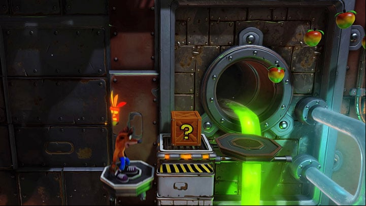In the next section, take care while jumping over red pipes close to each other - Heavy Machinery | Cortex Island | Levels - Crash Bandicoot - Cortex Island - Crash Bandicoot N. Sane Trilogy Game Guide