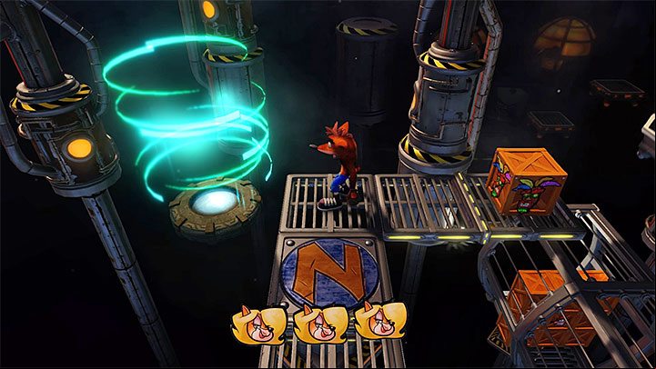 Start jumping towards the small platforms (some of them will soon drop down to the chasm, so dont stop) and obtain Tawnas second token - Generator Room | Cortex Island | Levels - Crash Bandicoot - Cortex Island - Crash Bandicoot N. Sane Trilogy Game Guide