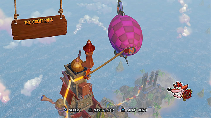 The Great Hall is a unique location in Crash Bandicoot that can be visited during the end of your stay on Cortex Island - The Great Hall | Cortex Island | Levels - Crash Bandicoot - Cortex Island - Crash Bandicoot N. Sane Trilogy Game Guide