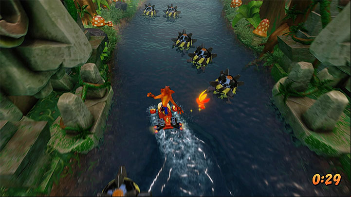 Follow the narrow path forward which is guarded by piranhas and a carnivorous plant - Hang Eight | Crash Bandicoot 2 | Levels - Crash Bandicoot 2 - Jungle Warp Room - Crash Bandicoot N. Sane Trilogy Game Guide